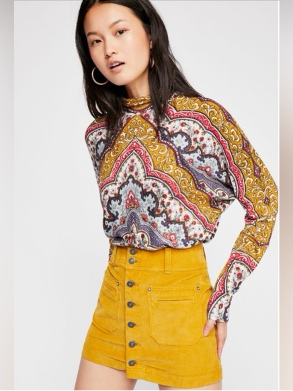 Free People‎ Chase Me Paisley Turtleneck Top Size L Wisteria Boho Stretch Dolman